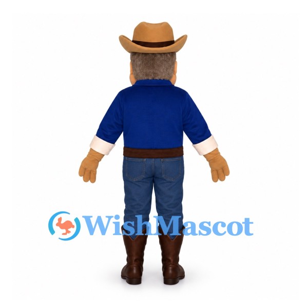Cowboy Mascot Costume with Brown Hat and Blue Outfit