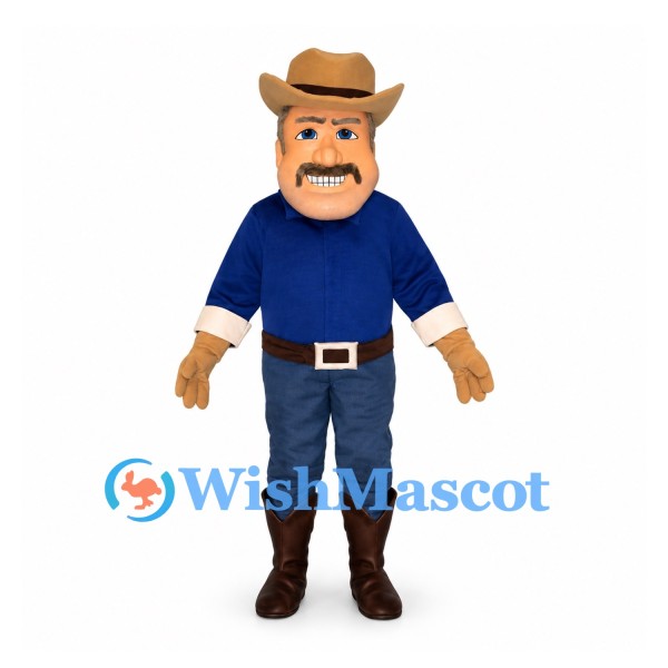 Cowboy Mascot Costume with Brown Hat and Blue Outfit