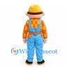 Construction Worker Mascot Costume with Yellow Hard Hat and Blue Overalls