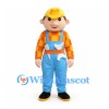 Construction Worker Mascot Costume with Yellow Hard Hat and Blue Overalls