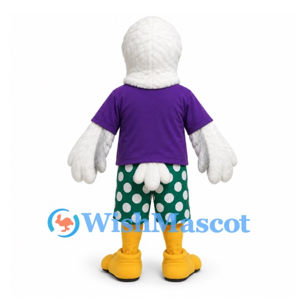 Eagle Mascot Costume with Purple Shirt and Polka Dot Shorts
