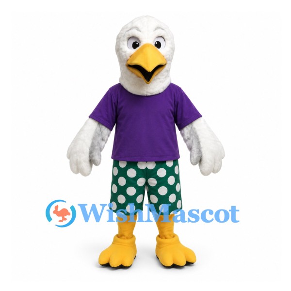 Eagle Mascot Costume with Purple Shirt and Polka Dot Shorts