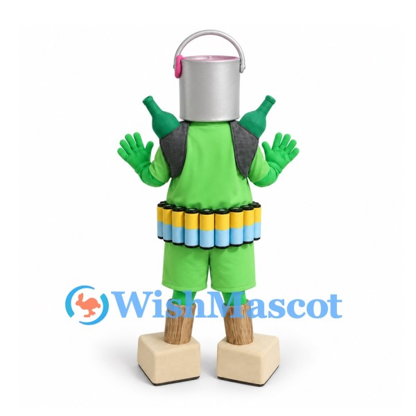 Robot Mascot Costume with Silver Bucket Head and Green Outfit