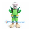 Robot Mascot Costume with Silver Bucket Head and Green Outfit