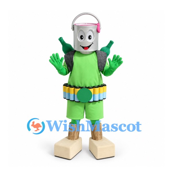 Robot Mascot Costume with Silver Bucket Head and Green Outfit