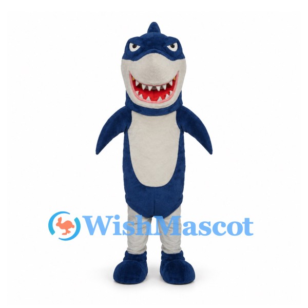 Shark Mascot Costume in Blue and White with Toothy Smile