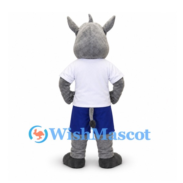 Rhino Mascot Costume with White Shirt and Blue Shorts