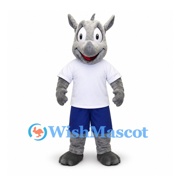 Rhino Mascot Costume with White Shirt and Blue Shorts