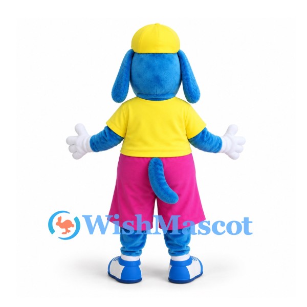 Dog Mascot Costume in Blue with Yellow Shirt and Pink Shorts
