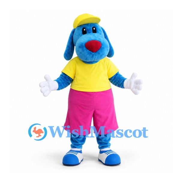 Dog Mascot Costume in Blue with Yellow Shirt and Pink Shorts