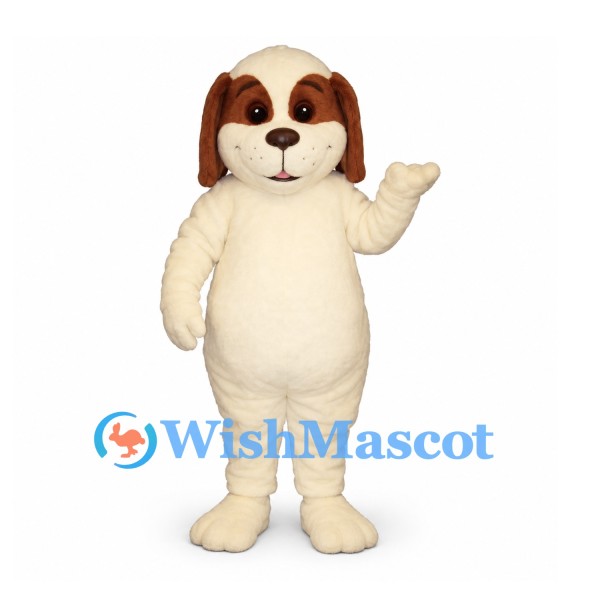 Dog Mascot Costume in Cream with Brown Ears and Eye Patches