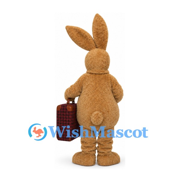 Rabbit Mascot Costume in Brown with Neck Scarf and Suitcase