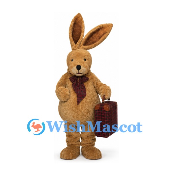 Rabbit Mascot Costume in Brown with Neck Scarf and Suitcase