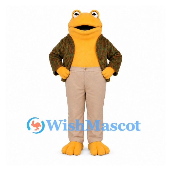 Frog Mascot Costume in Yellow with Patterned Jacket and Beige Pants