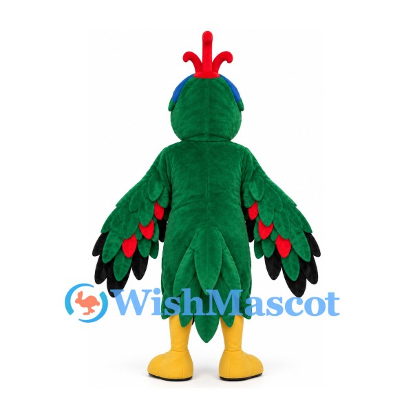 Parrot Mascot Costume in Green with Red Face and Wing Details