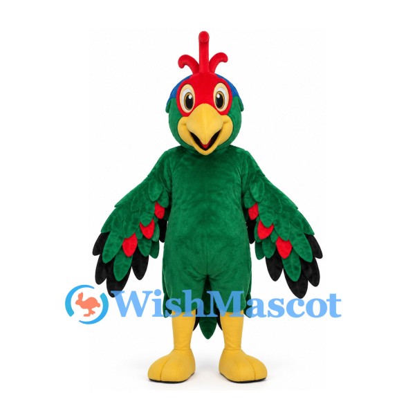 Parrot Mascot Costume in Green with Red Face and Wing Details