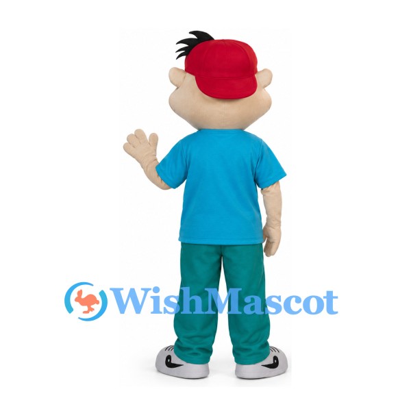 Boy Mascot Costume with Red Cap and Blue Shirt