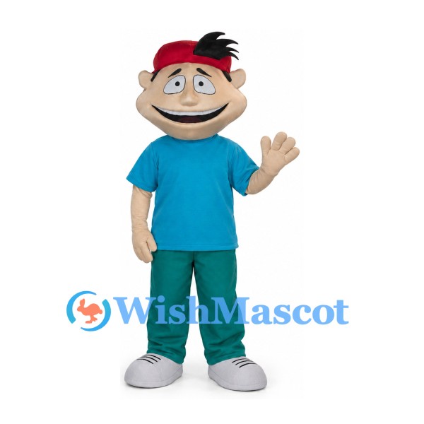 Boy Mascot Costume with Red Cap and Blue Shirt