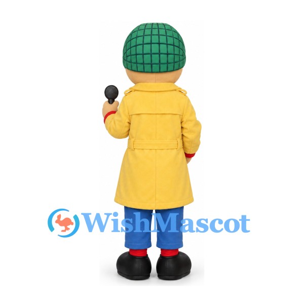 Reporter Mascot Costume with Yellow Coat and Green Checkered Cap