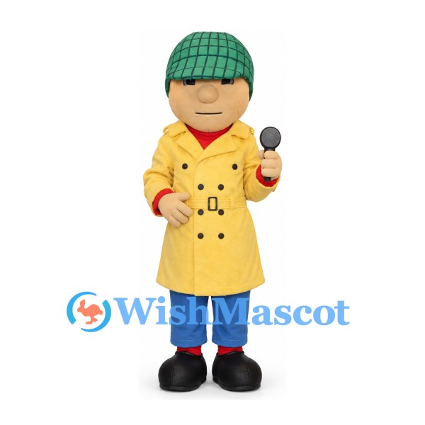Reporter Mascot Costume with Yellow Coat and Green Checkered Cap