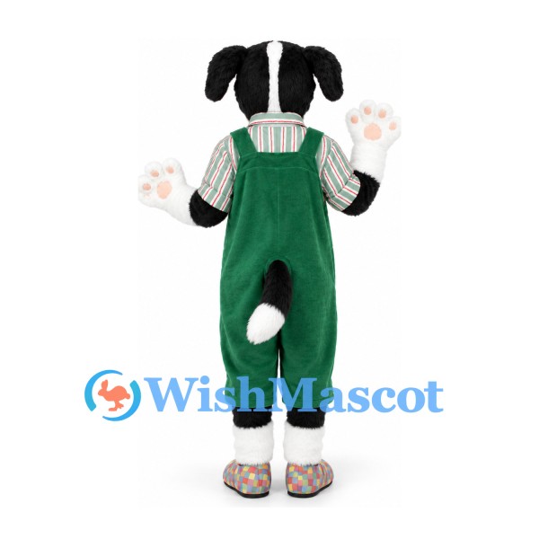 Dog Mascot Costume in Black and White with Green Overalls