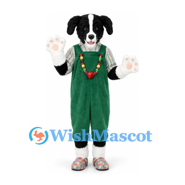Dog Mascot Costume in Black and White with Green Overalls