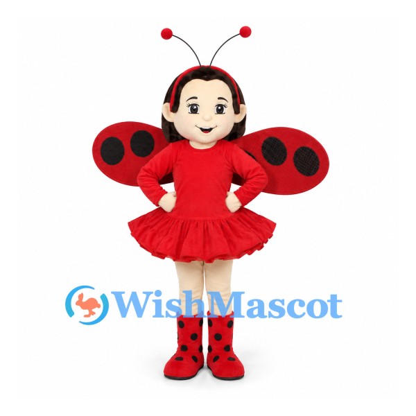 Ladybug Girl Mascot Costume with Red Dress and Spotted Wings