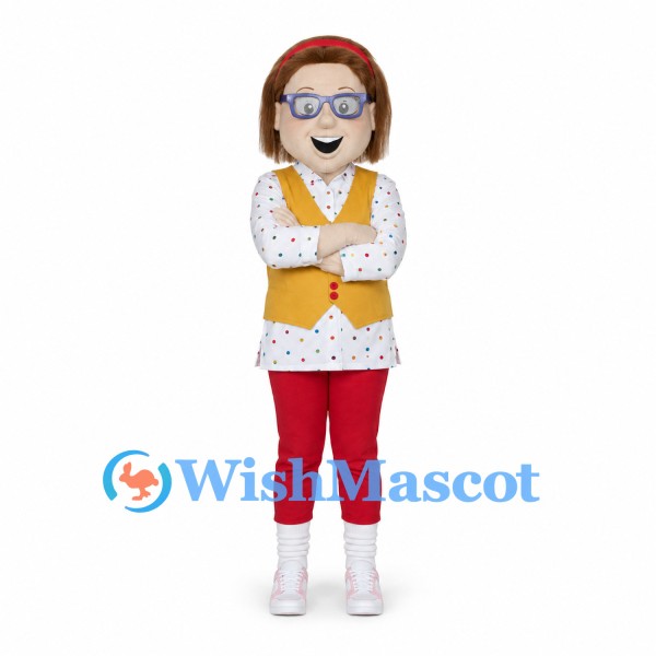 Girl Mascot Costume with Glasses Yellow Vest and Red Pants