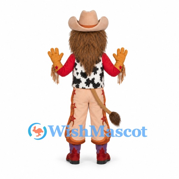 Cowboy Lion Mascot Costume with Tan Hat and Cow Print Vest
