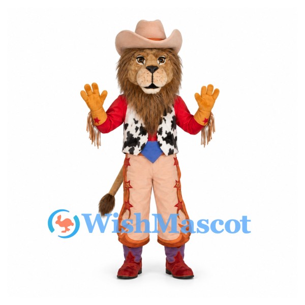 Cowboy Lion Mascot Costume with Tan Hat and Cow Print Vest