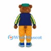 Bear Mascot Costume with Green Cap Blue Vest and Yellow Pants
