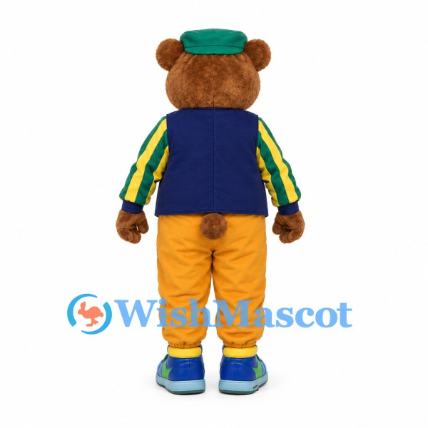 Bear Mascot Costume with Green Cap Blue Vest and Yellow Pants
