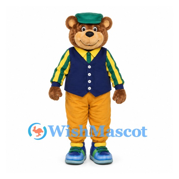 Bear Mascot Costume with Green Cap Blue Vest and Yellow Pants