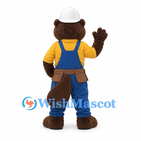 Builder Beaver Mascot Costume with Blue Overalls and Yellow Shirt