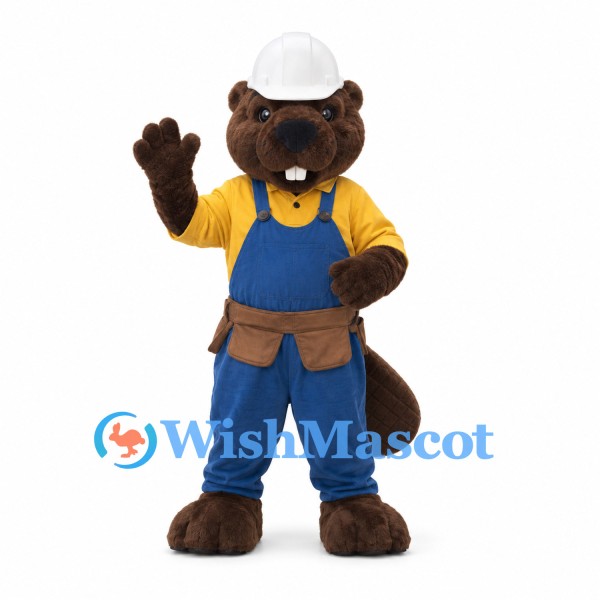 Builder Beaver Mascot Costume with Blue Overalls and Yellow Shirt