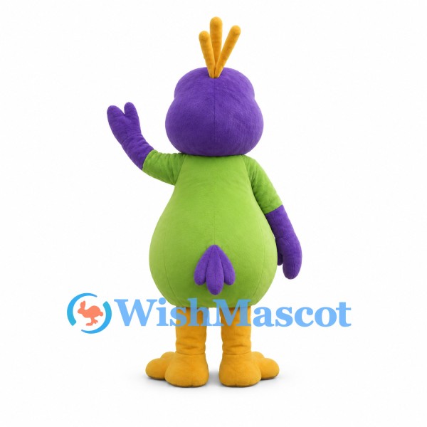 Bird Mascot Costume in Purple and Green with Yellow Crest