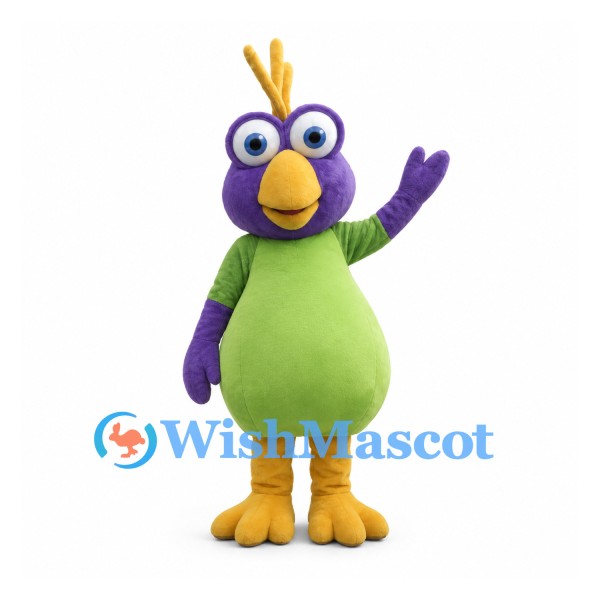 Bird Mascot Costume in Purple and Green with Yellow Crest