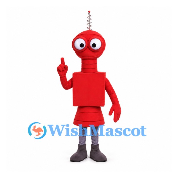 Robot Mascot Costume in Red with Antenna and Gray Boots