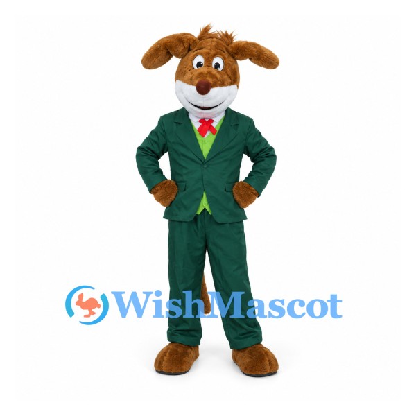 Dog Mascot Costume with Green Suit and Red Bow Tie