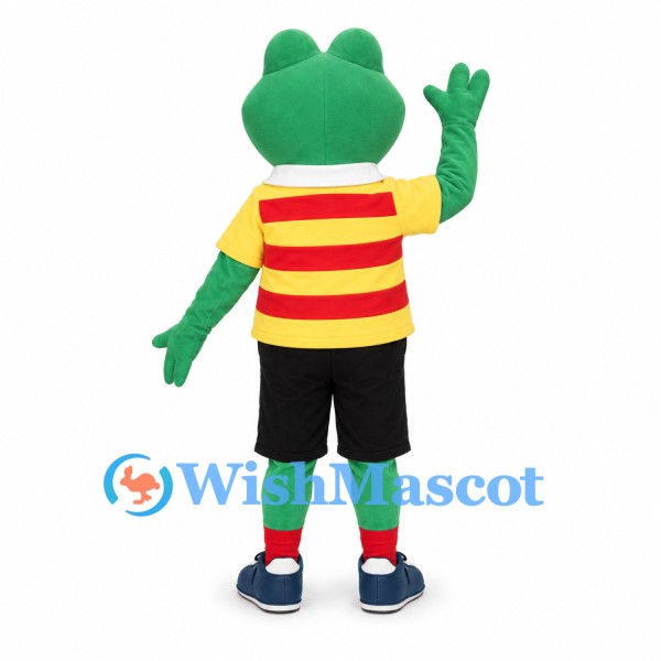 Frog Mascot Costume with Yellow Striped Shirt and Black Shorts