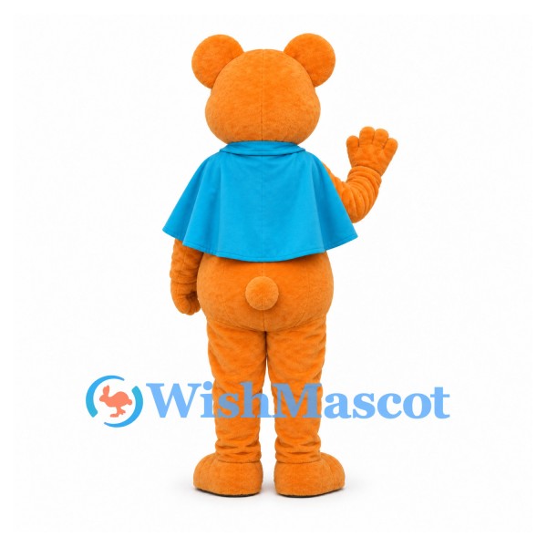 Superhero Bear Mascot Costume in Orange with Blue Cape
