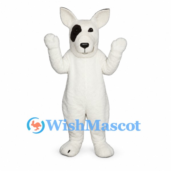 Bull Terrier Dog Mascot Costume in White with Black Eye Patch
