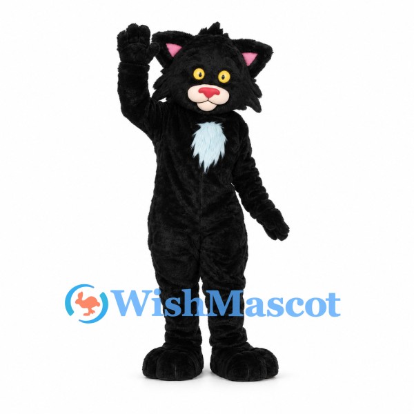 Cat Mascot Costume in Black with White Chest and Yellow Eyes