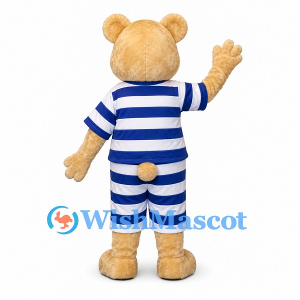 Bear Mascot Costume with Blue and White Striped Outfit