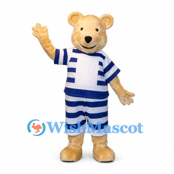 Bear Mascot Costume with Blue and White Striped Outfit