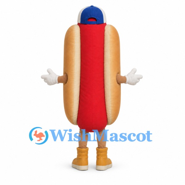 Hot Dog Mascot Costume with Blue Cap and Black Sunglasses