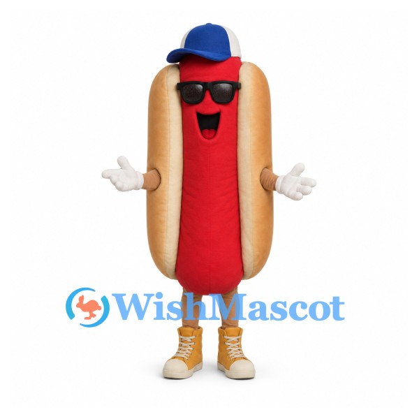 Hot Dog Mascot Costume with Blue Cap and Black Sunglasses