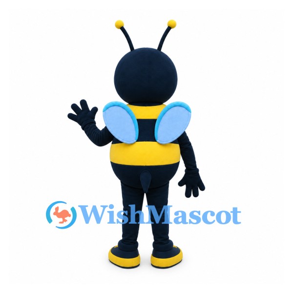Bee Mascot Costume with Blue Wings and Yellow Striped Body