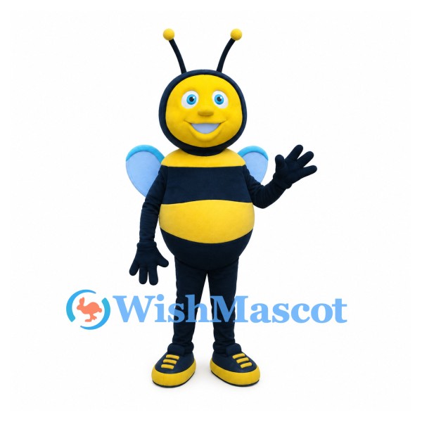 Bee Mascot Costume with Blue Wings and Yellow Striped Body