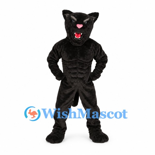 Black Panther Mascot Costume with Muscular Body and Open Mouth